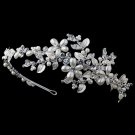 Silver Ivory Pearl & Rhinestone Flower Leaf Side Accented Headband 4831