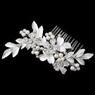 Silver Ivory Pearl & Rhinestone Flower Leaf Hair Comb 36