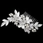 Silver Ivory Pearl & Rhinestone Flower Leaf Hair Comb 36