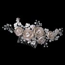 Silver Rum Pink Pearl & Rhinestone Comb with Matte Satin Flowers