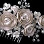 Silver Rum Pink Pearl & Rhinestone Comb with Matte Satin Flowers