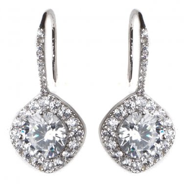 Rhodium Silver Round Pave CZ Dangle Earrings 3907