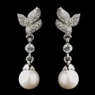 Antique Rhodium Silver Clear CZ Crystal Bridal Earrings 8932 w/Pearl Drop
