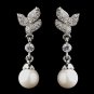 Antique Rhodium Silver Clear CZ Crystal Bridal Earrings 8932 w/Pearl Drop