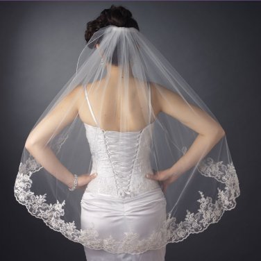 Single Layer Fingertip Length Scalloped Floral Embroidered Edge veil 2129 1F