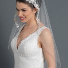 Single Layer Fingertip Bridal Wedding Veil 29681F w/ Floral Lace Accent w/ Beaded & Sequin Accent