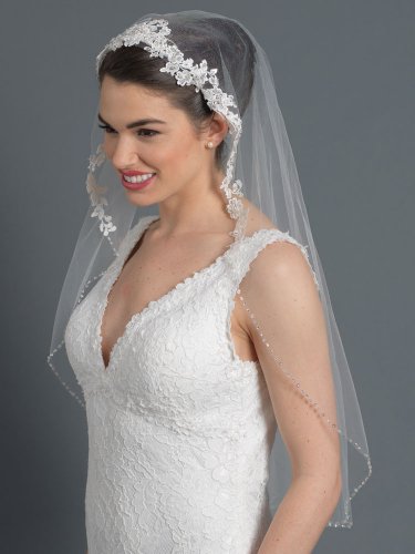 Single Layer Fingertip Bridal Wedding Veil 29681F w/ Floral Lace Accent w/ Beaded & Sequin Accent