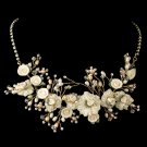 Gold Rum Freshwater Pearl, Swarovski Crystal, Rhinestone, Bead, Porcelain Rose Necklace 9901