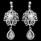 Rhodium Diamond White Pearl & Teardrop CZ Dangle Swirl Earrings 9217