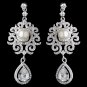 Rhodium Diamond White Pearl & Teardrop CZ Dangle Swirl Earrings 9217