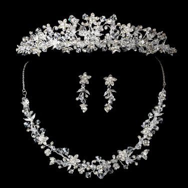 Silver Clear Swarovski Crystal Bead & Rhinestone Headpiece 7027 & Jewelry Set 7600