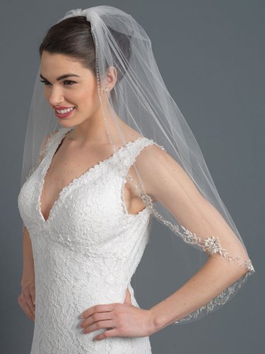 Single Layer Bridal Wedding Fingertip Veil w/ Beads, Rhinestones Veil V 1162 1F
