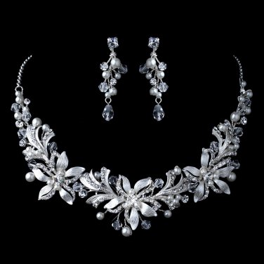 Silver Diamond White Pearl, Rhinestone & Swarovski Crystal Bead Floral Jewelry Set