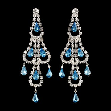 Silver Aqua & Clear Teardrop Rhinestone Chandelier Earrings 0106