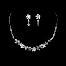 Fabulous Silver Clear Crystal & White Pearl Flower Necklace & Earring Set 6878