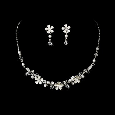 Fabulous Silver Clear Crystal & White Pearl Flower Necklace & Earring Set 6878