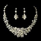 Silver Ivory Pearl & Rhinestone Flower Necklace & Earrings Bridal Jewelry Set 7660
