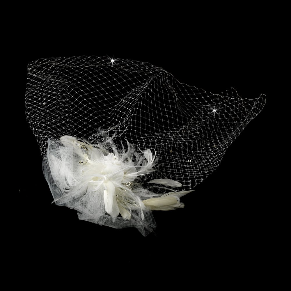 *Russian Birdcage Veil with Feathers & Austrain Crystals on Comb 1136