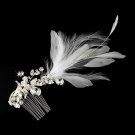 * Vintage Silver Clear Crystal Bridal Comb w/ White Feathers 9824