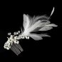 * Vintage Silver Clear Crystal Bridal Comb w/ White Feathers 9824