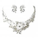Silver Diamond White Fabric Flower & Rhinestone Accent Necklace & Earrings Jewelry Set 9697