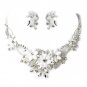 Silver Diamond White Fabric Flower & Rhinestone Accent Necklace & Earrings Jewelry Set 9697