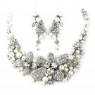 Antique Silver Diamond White Pearl & Rhinestone Necklace & Earrings Jewelry Set 9698