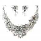 Antique Silver Clear Swarovski Crystal & Rhinestone Necklace & Earrings Jewelry Set 9695