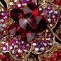 Gold Two Tone Red AB Flower Brooch 8779
