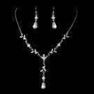 Silver Clear Diamond White Pearl Necklace Earring Set 72030