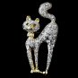 Antique Silver Clear Rhinestone Cat w/ Green Eyes Brooch 101