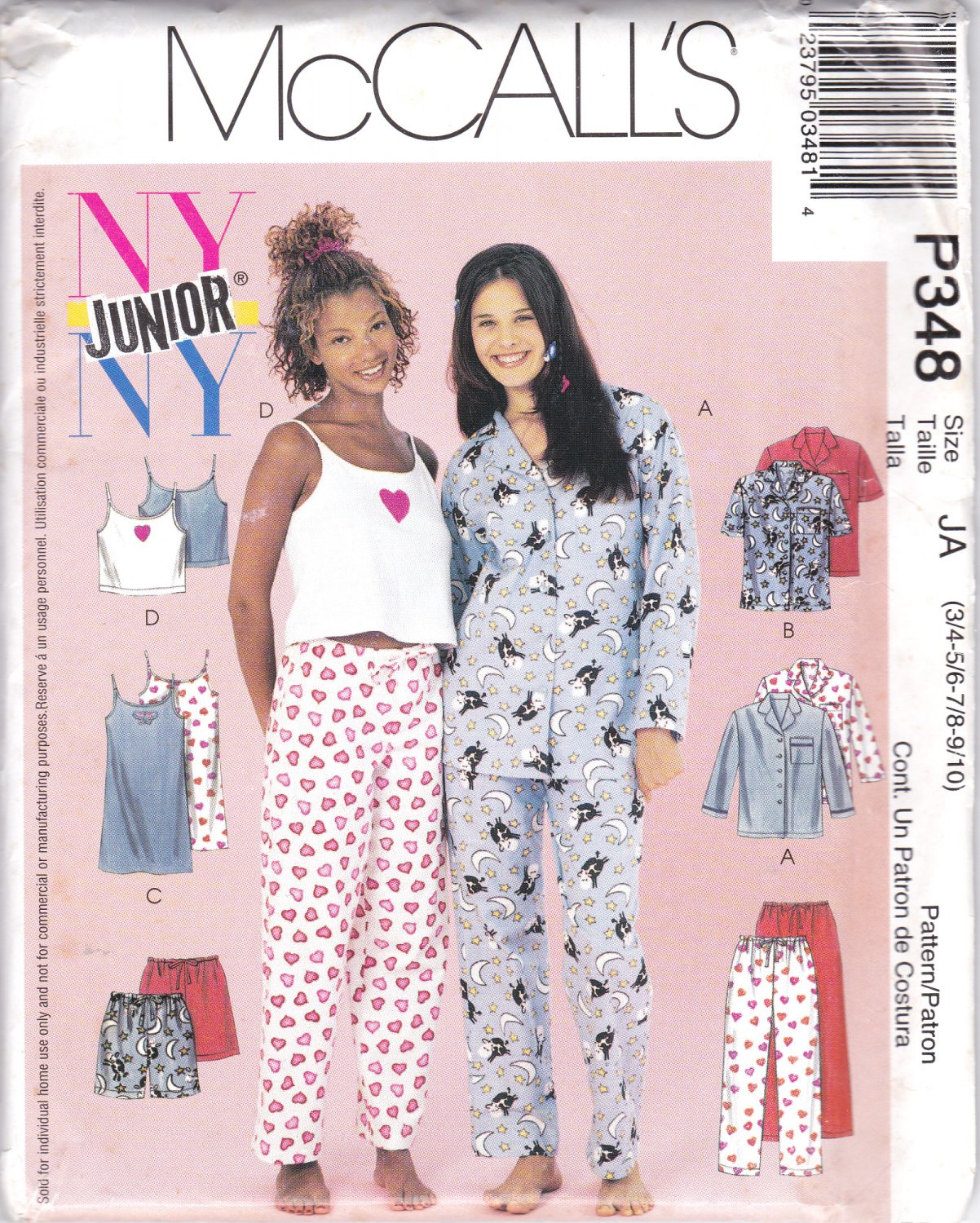 McCall's P348 Junior Girls Sewing Pattern Teens Nightgown Pants Camisole Sizes 3/4-5/6-7/8-9/10