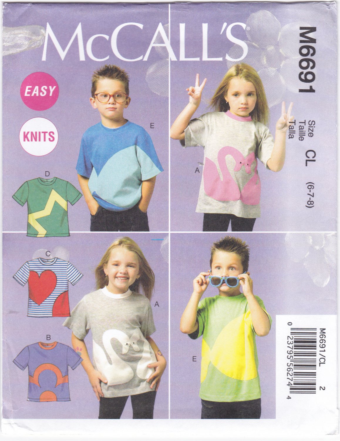 McCall's 6691 M6691 Girls Boys Sizes 6-7-8 Sewing Pattern Kids Childrens Tops with AppliquÃ©s  Easy