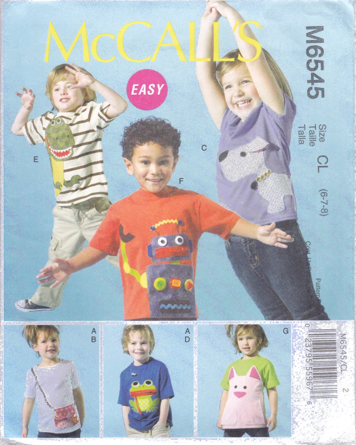 McCall's 6545 M6545 Girls Boys Sewing Pattern Tops AppliquÃ©s Dog Frog Robot Dino Kids Sizes 6-7-8