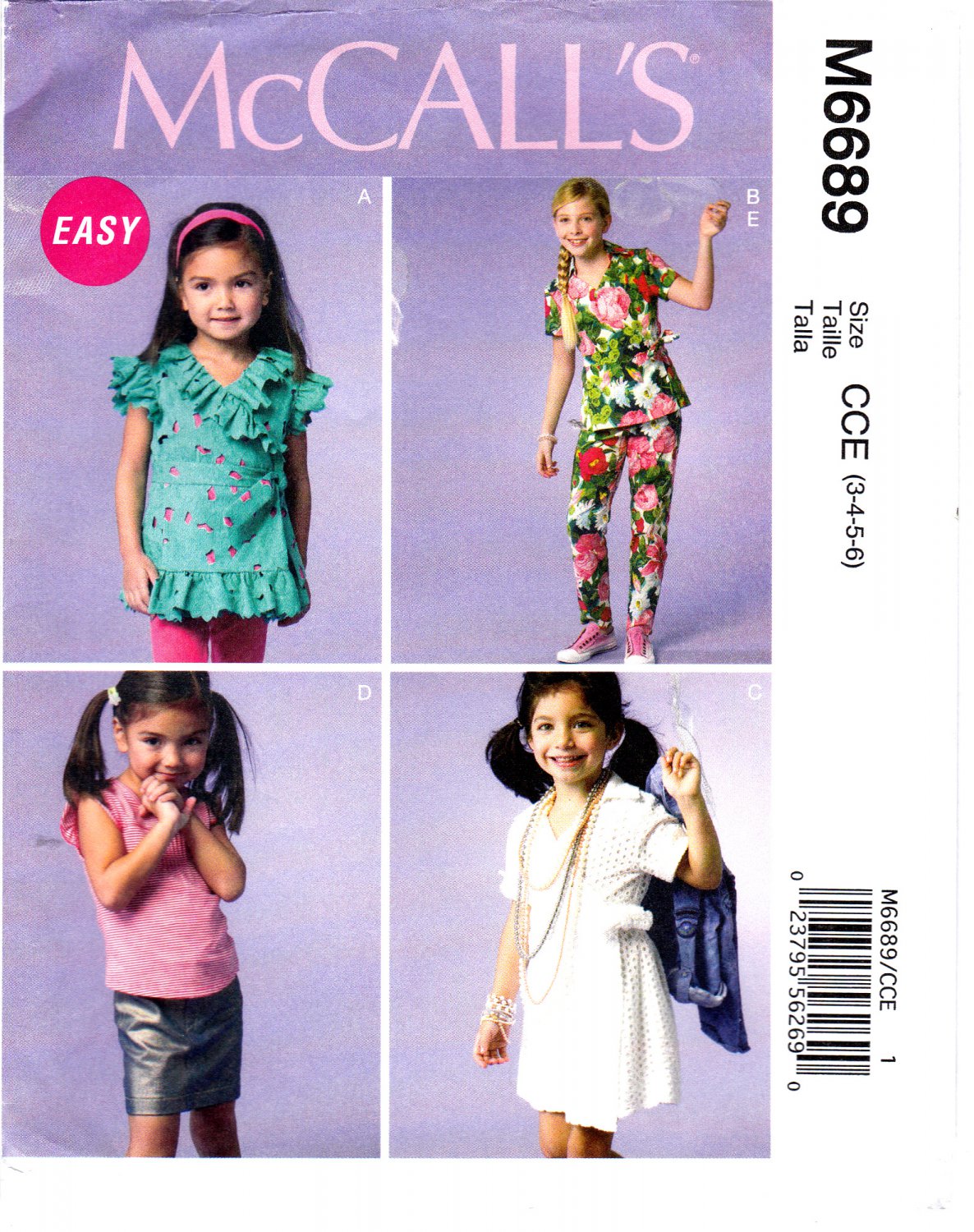 McCall's 6689 M6689 Girls Sewing Pattern Childrens Tops Dress Skirt Pant Kids Sizes 3-4-5-6 Easy Sew
