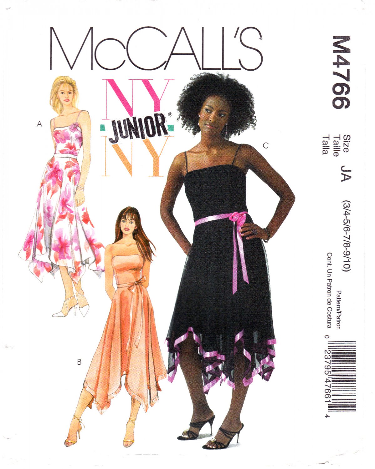 McCall's 4766 M4766 Junior Girls Sewing Pattern Lined Dress Teen Sizes 3/4-5/6-7/8-9/10 Dressy