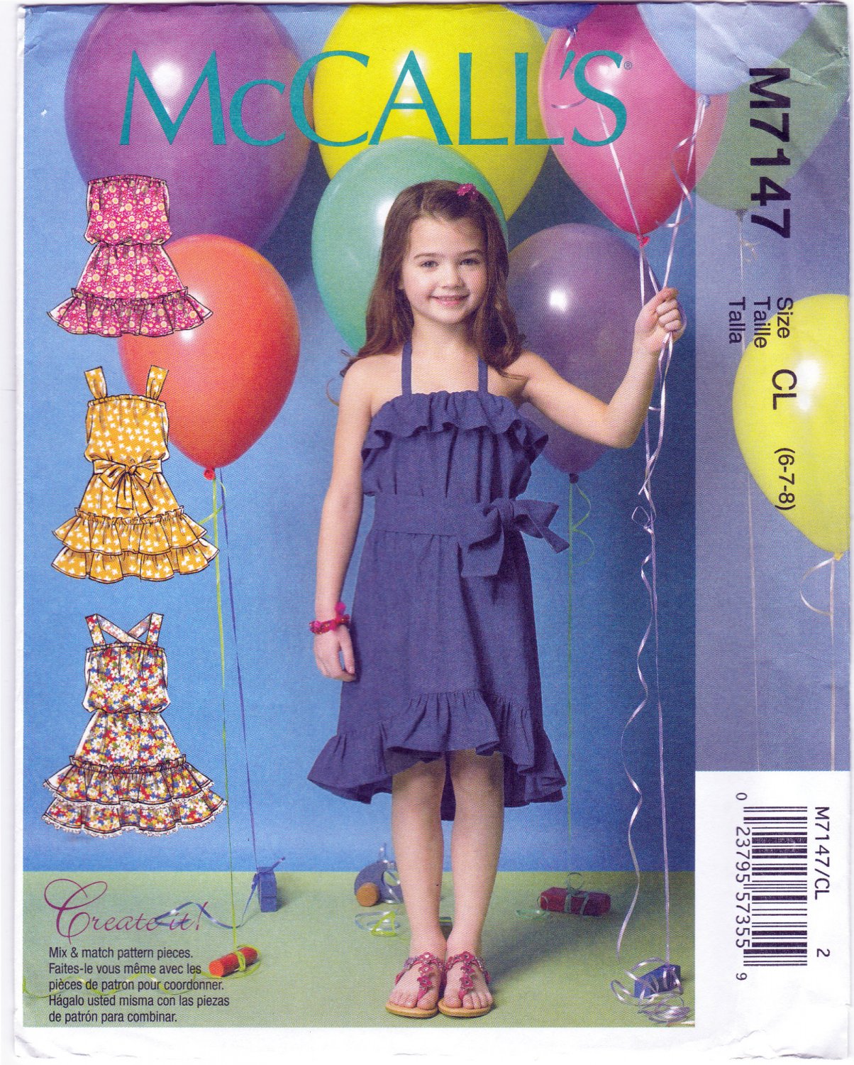 McCall's 7147 M7147 Girls Dresses Belts Childrens Sewing Pattern Kids Sizes 6-7-8 Mix - Match Pieces