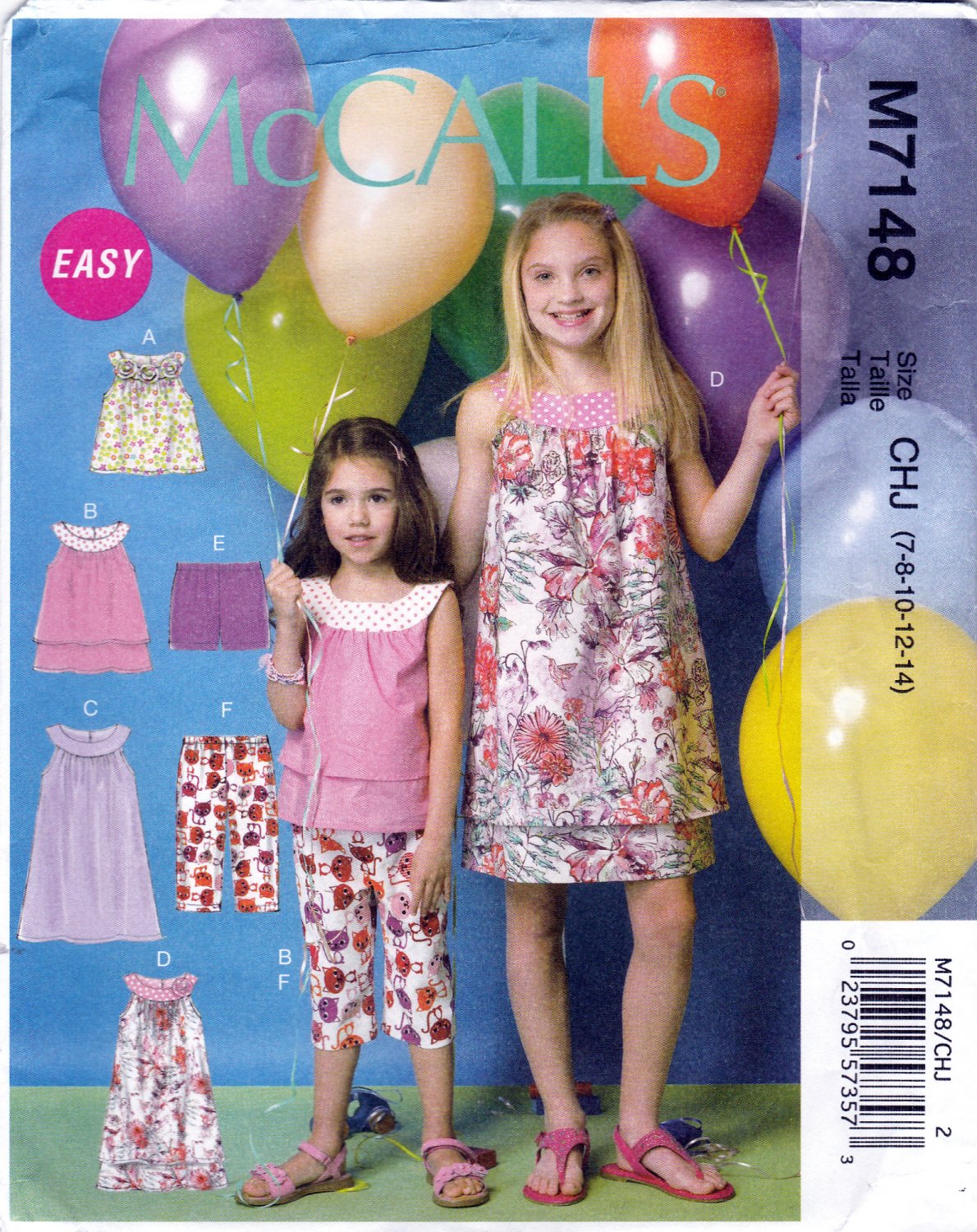 McCall's 7148 M7148 Girls Tops Dresses Shorts Capris Childrens Sewing Pattern Kids Sizes 3-4-5-6