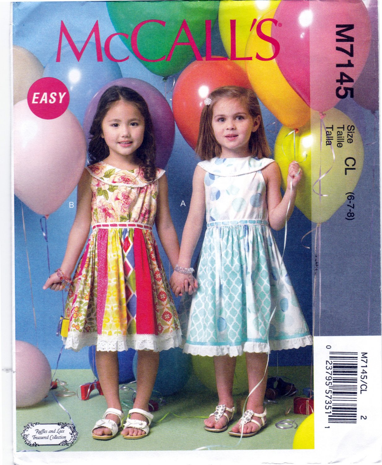 McCall's 7145 M7145 Girls  Sewing Pattern Childrens Pullover Dresses Sleveless Kids Sizes 6-7-8 Easy