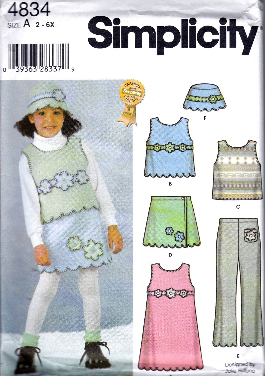 Simplicity 4834 Girls Sewing Pattern Child Fleece Pullover Jumper Vest Skirt Pants Hat Kids Sz 2-6x