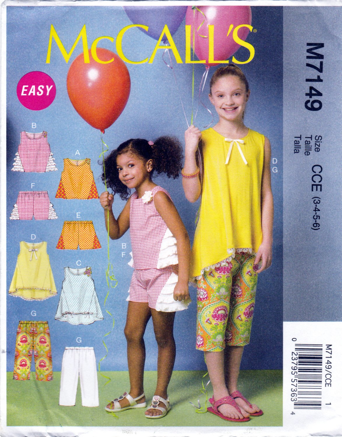 McCall's 7149 M7149 Girls Tops Tunics Shorts Capris Childrens Sewing Pattern Kids Sizes 3-4-5-6