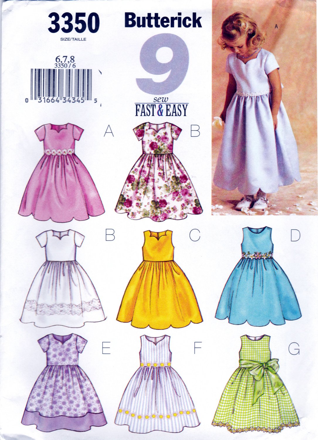 Butterick 3350 B3350 Girls Sewing Pattern Dresses 9 Looks In One Childrens Kids Sizes 6-7-8 Easy Sew