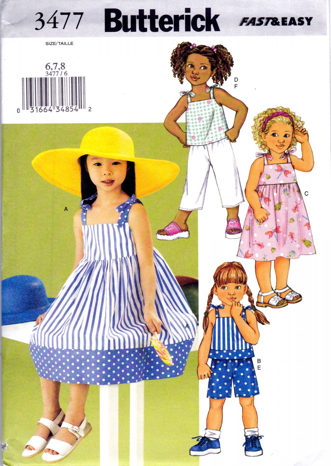 Butterick 3477 B3477 Girls Dress Top Shorts Pants Childrens Sewing Pattern Kids Sizes 6-7-8