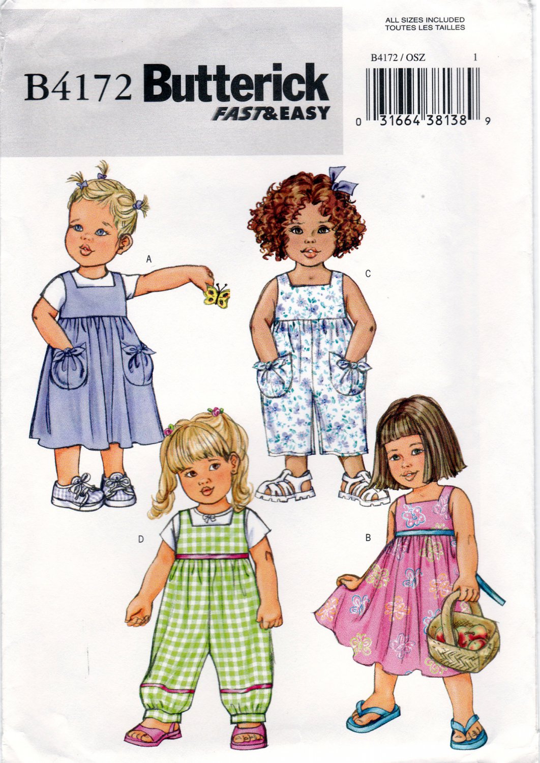 Butterick 4172 B4172 Toddler Girls Dress Jumper Jumpsuit Childrens Sewing Pattern Kids Size OSZ Easy