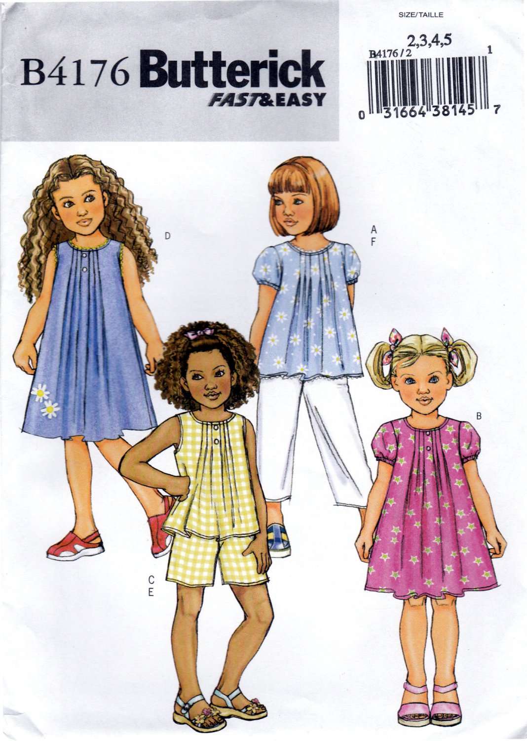 Butterick 4176 B4176 Girls Sewing Pattern Childrens Top Dress Shorts Pants Kids Sizes 2-3-4-5 Easy