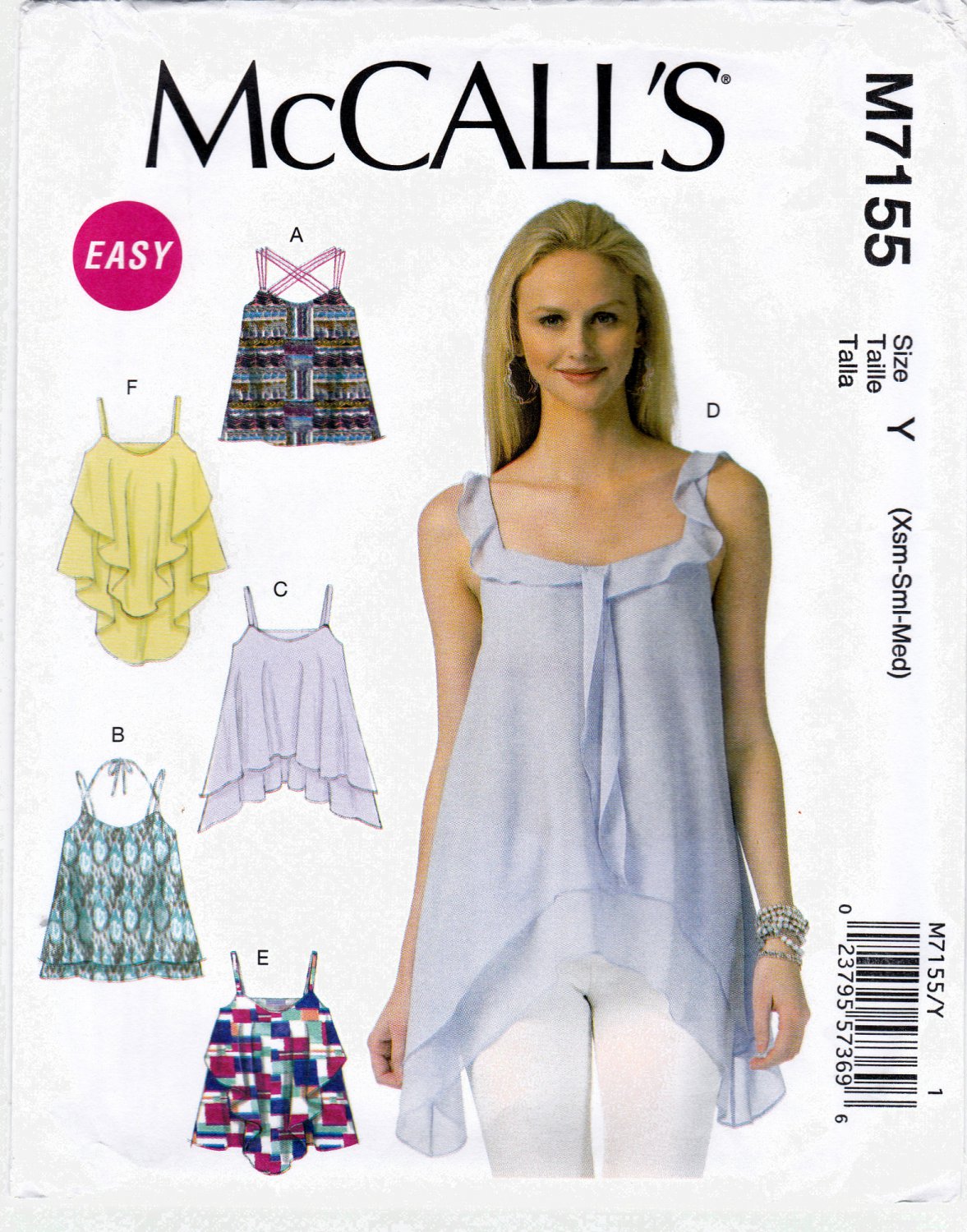 McCall's M7155 7155 Misses Pullover Tops with Shoulder Straps Easy Sewing Pattern Sizes Xsm-Sml-Med