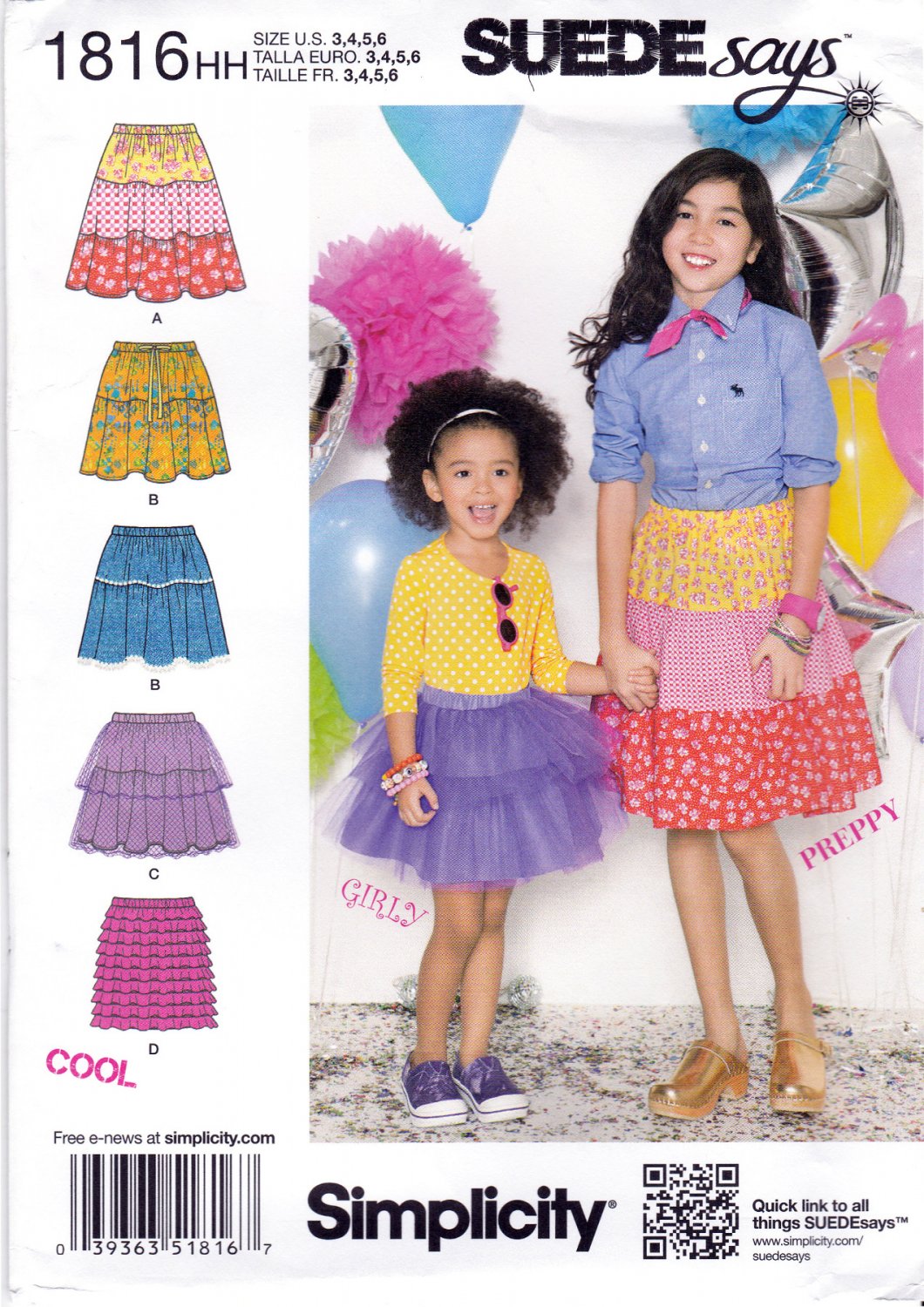 Simplicity 1816 Girls Pull On Skirts Sewing Pattern Various Styles Childrens Kids Sizes 3-4-5-6