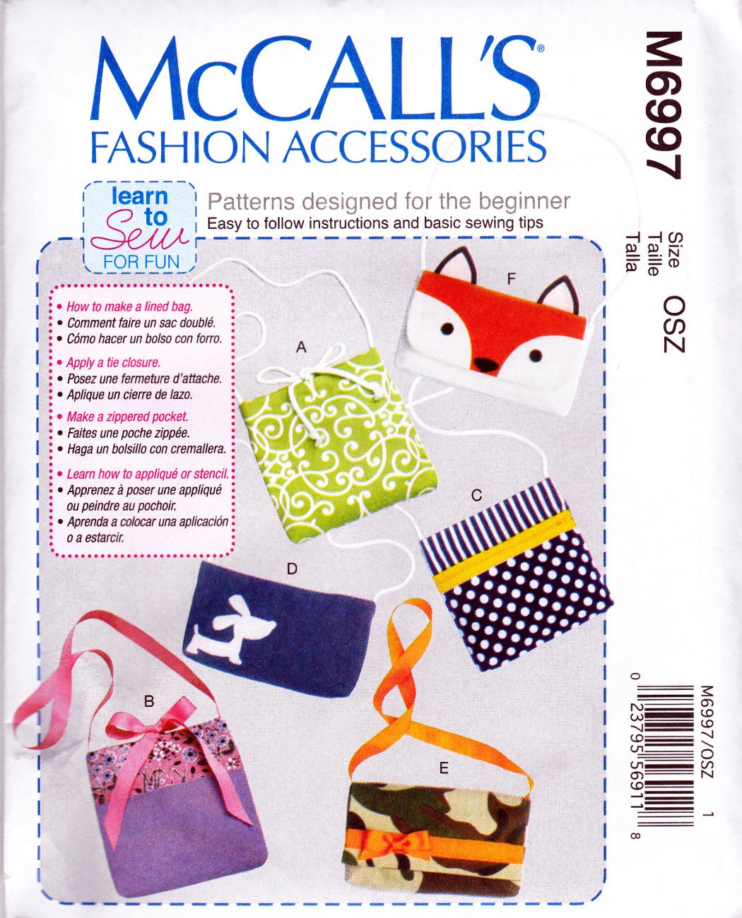 McCall's 6997 M6997 Fashion Accessories Sewing Pattern Bags Purses Totes Learn To Sew Girls Size OSZ