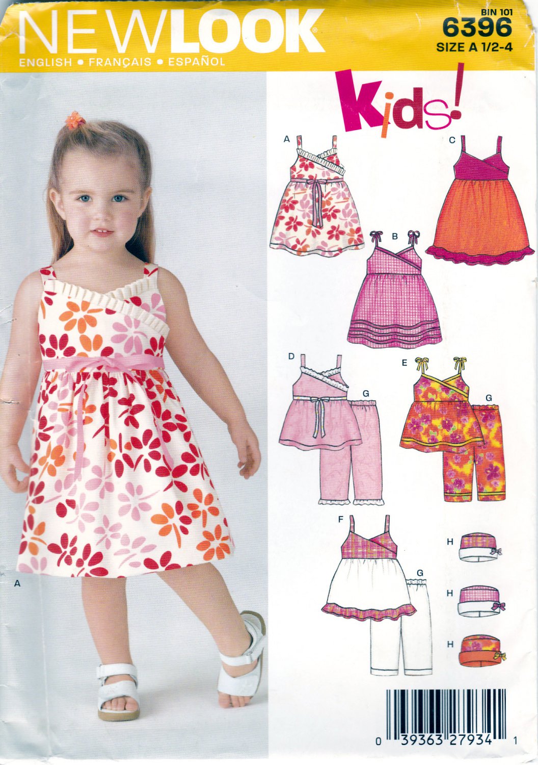 New Look 6396 Girls Toddlers Sewing Pattern Childrens 5 Looks Dress Pants Top Hat Kids Sizes 1/2 - 4