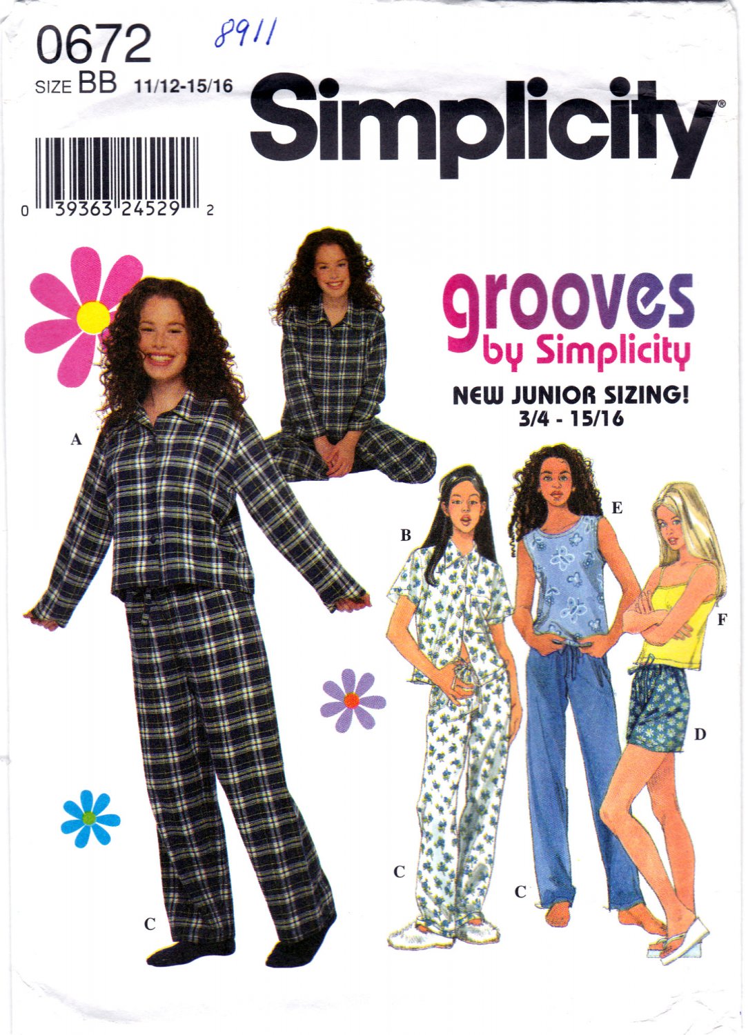 Simplicity 0672 or 8911 Junior Teen Girls Sewing Pattern Pajama Tops Pants  Shorts Sizes 11/12-15/16
